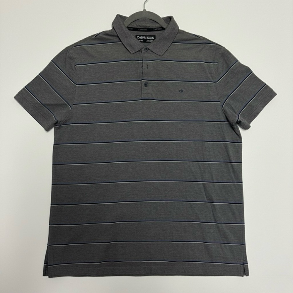Calvin Klein Men’s Polo Shirt XL – Gray & Blue Striped Cotton Short Sleeve